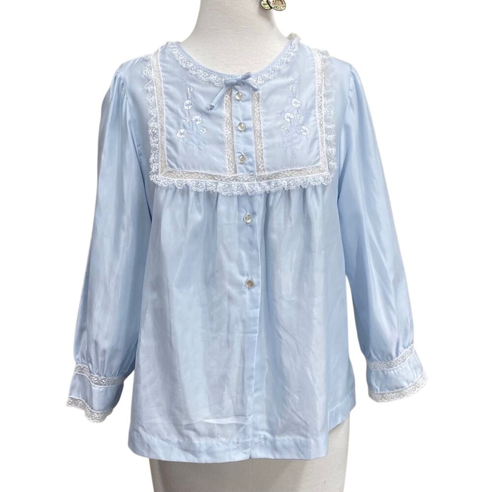 Vintage Lace Pajama Top Wmns Small Pastel Blue Embroidered Long Slv Barbizon 80s